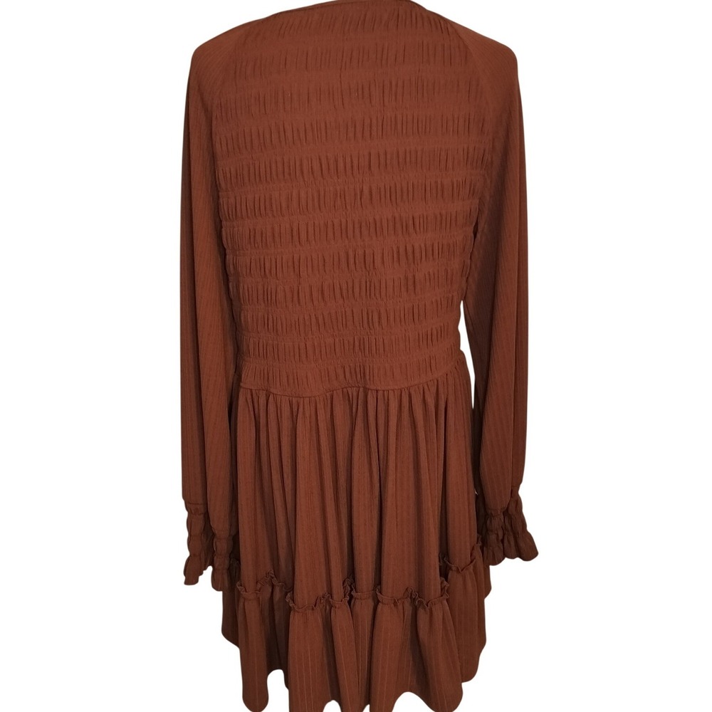 Altar State XL Rust Smocked V Neck Balloon Sleeve Tiered Ruffle Mini Dress XL - Picture 3 of 5